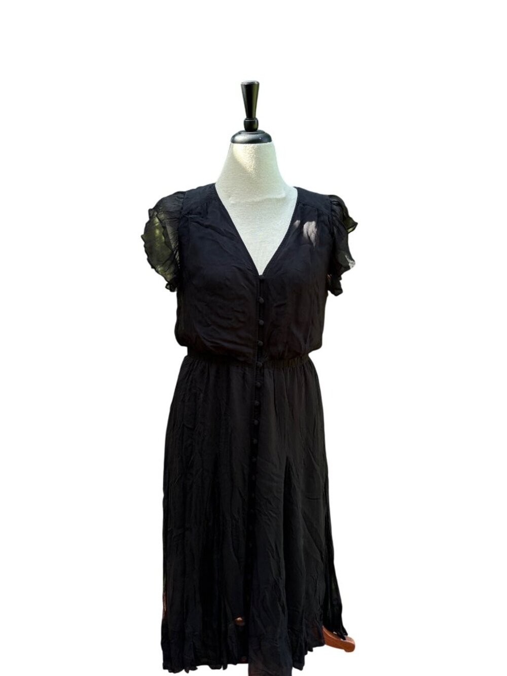 Black Button-Front Midi Dress Flutter Sleeves Size 6 Chiffon-Trim Boho V Neck Si